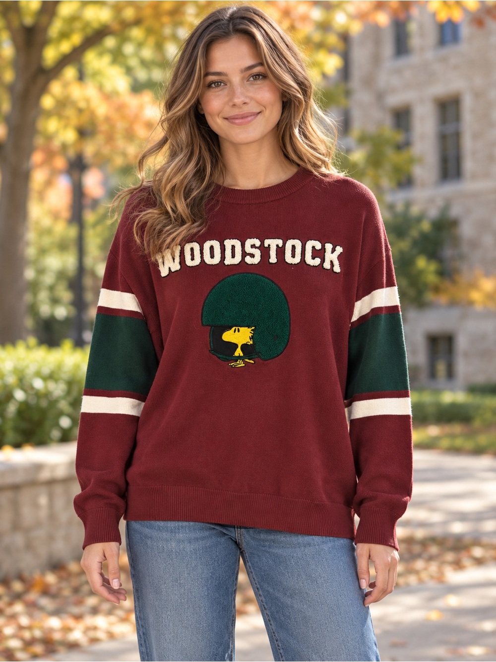 Aeropostale Burgundy Crewneck Sweater with Green and Cream Accents #518CL